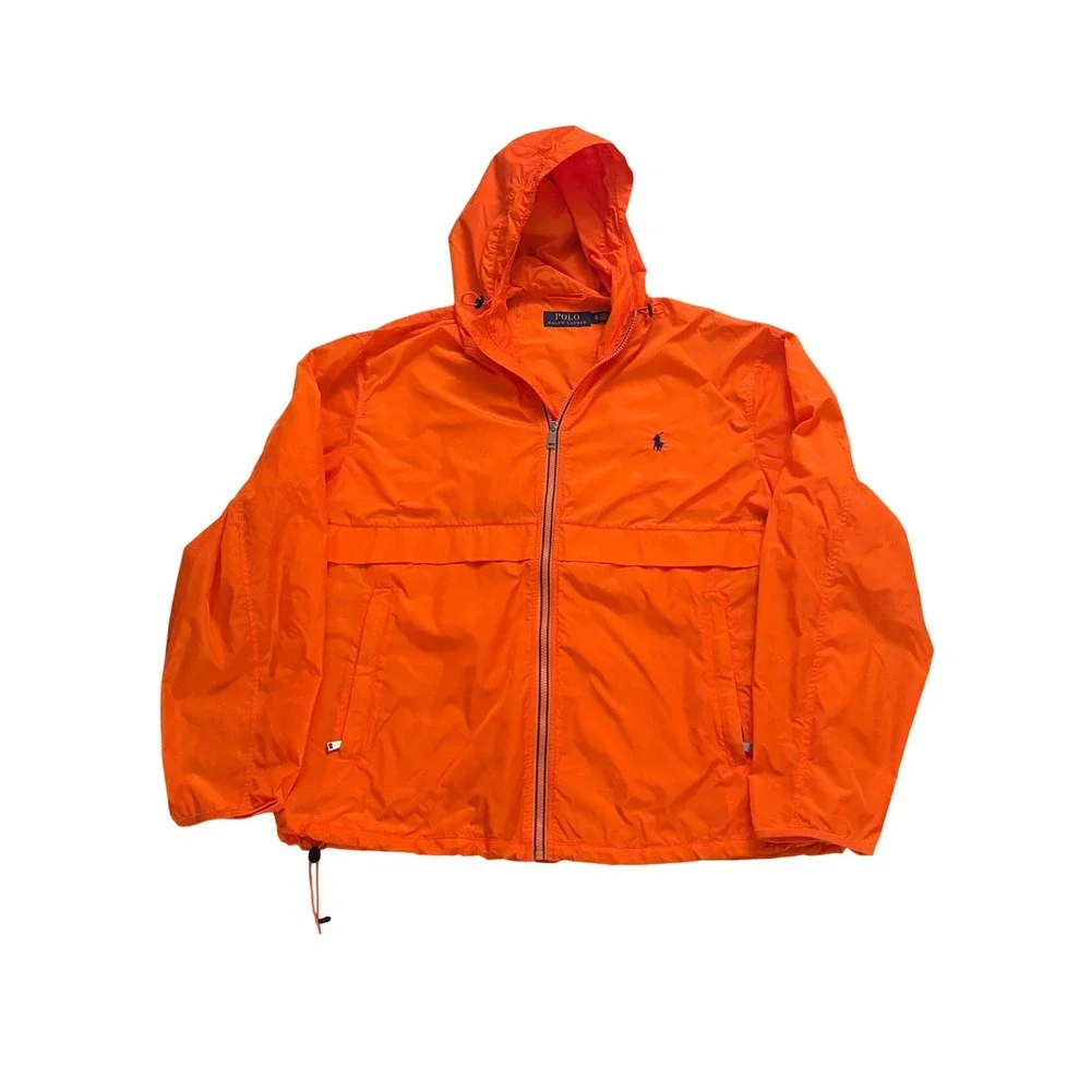 Polo Ralph Lauren Mens XL Orange Hooded Full Zip Windbreaker Jacket Navy Pony